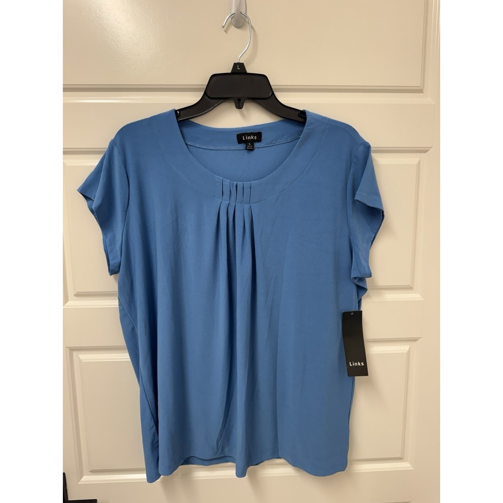 Links Womens Large Blue Jay Blue Cap Sleeve Slinky Pleated Neck Blouse Top NWT